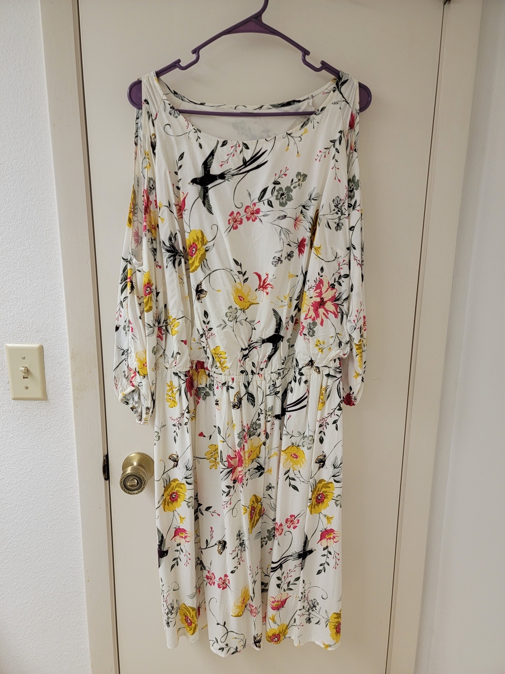 Old Navy Bird Print White Midi Dress with Yellow & Red Blooms!